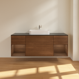 Тумба под раковину Villeroy & Boch Finion 160х50,1 см с подсветкой МДФ шпон грецкого ореха/стекло черное матовое F452GNGN