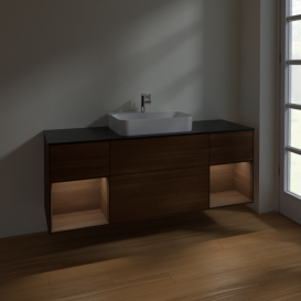 Тумба под раковину Villeroy & Boch Finion 160х50,1 см с подсветкой МДФ шпон грецкого ореха/стекло черное матовое F452GNGN