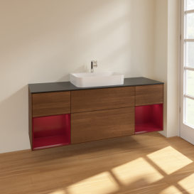 Тумба под раковину Villeroy & Boch Finion 160х50,1 см с подсветкой МДФ шпон грецкого ореха/стекло черное матовое F452HBGN