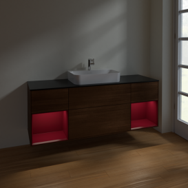 Тумба под раковину Villeroy & Boch Finion 160х50,1 см с подсветкой МДФ шпон грецкого ореха/стекло черное матовое F452HBGN