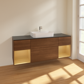 Тумба под раковину Villeroy & Boch Finion 160х50,1 см с подсветкой МДФ шпон грецкого ореха/стекло черное матовое F452HFGN