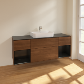 Тумба под раковину Villeroy & Boch Finion 160х50,1 см с подсветкой МДФ шпон грецкого ореха/стекло черное матовое F452PDGN