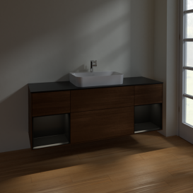 Тумба под раковину Villeroy & Boch Finion 160х50,1 см с подсветкой МДФ шпон грецкого ореха/стекло черное матовое F452PDGN