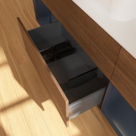 Тумба під раковину Villeroy & Boch Finion 160х50,1 см із підсвічуванням МДФ шпон волоського горіха/скло біле матове F451HGGN