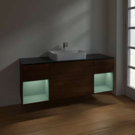 Тумба под раковину Villeroy & Boch Finion 160х50,1 см с подсветкой МДФ шпон грецкого ореха/стекло черное матовое F452GMGN