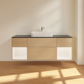 Тумба під раковину Villeroy & Boch Finion 160х50,1 см з підсвічуванням МДФ шпон дуба/скло чорне матове F452MTPC