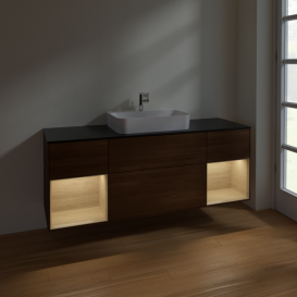 Тумба под раковину Villeroy & Boch Finion 160х50,1 см с подсветкой МДФ шпон грецкого ореха/стекло черное матовое F452PCGN