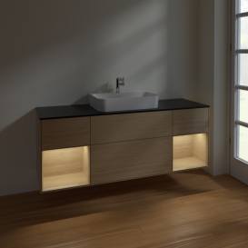 Тумба под раковину Villeroy & Boch Finion 160х50,1 см с подсветкой МДФ шпон дуба/стекло черное матовое F452PCPC