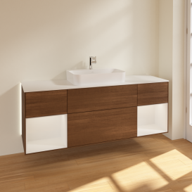 Тумба под раковину Villeroy & Boch Finion 160х50,1 см с подсветкой МДФ шпон грецкого ореха/стекло белое матовое G451GFGN