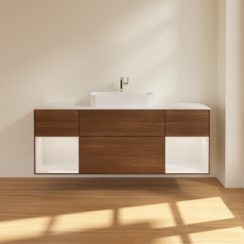 Тумба под раковину Villeroy & Boch Finion 160х50,1 см с подсветкой МДФ шпон грецкого ореха/стекло белое матовое G451GFGN