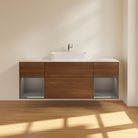 Тумба под раковину Villeroy & Boch Finion 160х50,1 см с подсветкой МДФ шпон грецкого ореха/стекло белое матовое G451GKGN