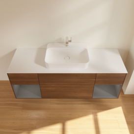 Тумба под раковину Villeroy & Boch Finion 160х50,1 см с подсветкой МДФ шпон грецкого ореха/стекло белое матовое G451GKGN