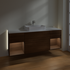 Тумба под раковину Villeroy & Boch Finion 160х50,1 см с подсветкой МДФ шпон грецкого ореха/стекло белое матовое G451GNGN