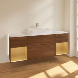 Тумба под раковину Villeroy & Boch Finion 160х50,1 см с подсветкой МДФ шпон грецкого ореха/стекло белое матовое G451HFGN