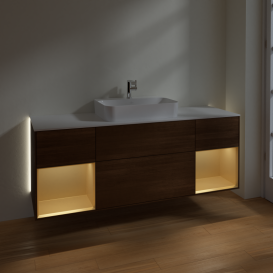 Тумба под раковину Villeroy & Boch Finion 160х50,1 см с подсветкой МДФ шпон грецкого ореха/стекло белое матовое G451HFGN