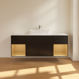 Тумба под раковину Villeroy & Boch Finion 160х50,1 см с подсветкой МДФ черный матовый лак/стекло белое матовое G451HFPD