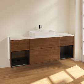 Тумба под раковину Villeroy & Boch Finion 160х50,1 см с подсветкой МДФ шпон грецкого ореха/стекло белое матовое G451PDGN