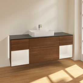 Тумба под раковину Villeroy & Boch Finion 160х50,1 см с подсветкой МДФ шпон грецкого ореха/стекло черное матовое G452GFGN