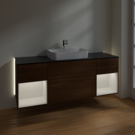 Тумба под раковину Villeroy & Boch Finion 160х50,1 см с подсветкой МДФ шпон грецкого ореха/стекло черное матовое G452GFGN