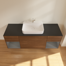 Тумба под раковину Villeroy & Boch Finion 160х50,1 см с подсветкой МДФ шпон грецкого ореха/стекло черное матовое G452GKGN