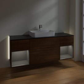 Тумба под раковину Villeroy & Boch Finion 160х50,1 см с подсветкой МДФ шпон грецкого ореха/стекло черное матовое G452GKGN