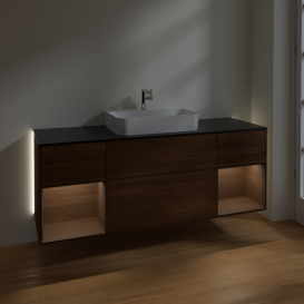 Тумба под раковину Villeroy & Boch Finion 160х50,1 см с подсветкой МДФ шпон грецкого ореха/стекло черное матовое G452GNGN