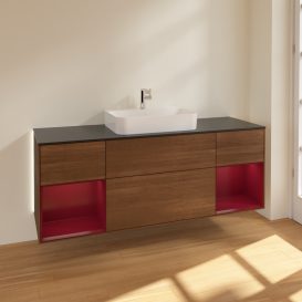 Тумба під раковину Villeroy & Boch Finion 160х50,1 см із підсвічуванням МДФ шпон волоського горіха/скло чорне матове G452HBGN