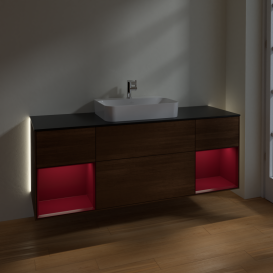 Тумба під раковину Villeroy & Boch Finion 160х50,1 см із підсвічуванням МДФ шпон волоського горіха/скло чорне матове G452HBGN