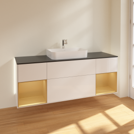 Тумба под раковину Villeroy & Boch Finion 160х50,1 см с подсветкой МДФ глянцевый белый лак/стекло черное матовое G452HFGF