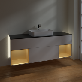 Тумба под раковину Villeroy & Boch Finion 160х50,1 см с подсветкой МДФ глянцевый белый лак/стекло черное матовое G452HFGF