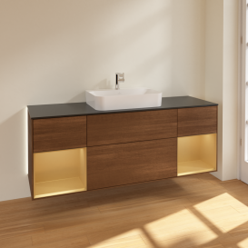 Тумба под раковину Villeroy & Boch Finion 160х50,1 см с подсветкой МДФ шпон грецкого ореха/стекло черное матовое G452HFGN