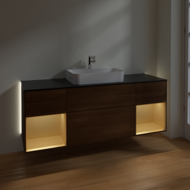 Тумба под раковину Villeroy & Boch Finion 160х50,1 см с подсветкой МДФ шпон грецкого ореха/стекло черное матовое G452HFGN