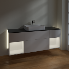 Тумба под раковину Villeroy & Boch Finion 160х50,1 см с подсветкой МДФ глянцевый белый лак/стекло черное матовое G452MTGF