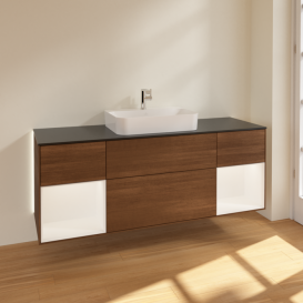 Тумба под раковину Villeroy & Boch Finion 160х50,1 см с подсветкой МДФ шпон грецкого ореха/стекло черное матовое G452MTGN