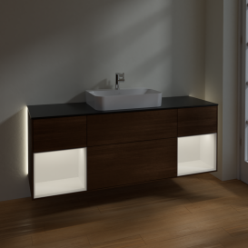 Тумба под раковину Villeroy & Boch Finion 160х50,1 см с подсветкой МДФ шпон грецкого ореха/стекло черное матовое G452MTGN