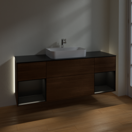 Тумба под раковину Villeroy & Boch Finion 160х50,1 см с подсветкой МДФ шпон грецкого ореха/стекло черное матовое G452PDGN