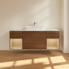 Тумба под раковину Villeroy & Boch Finion 160х50,1 см с подсветкой МДФ шпон грецкого ореха/стекло белое матовое G451PCGN