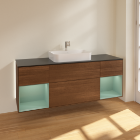 Тумба под раковину Villeroy & Boch Finion 160х50,1 см с подсветкой МДФ шпон грецкого ореха/стекло черное матовое G452GMGN