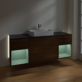 Тумба под раковину Villeroy & Boch Finion 160х50,1 см с подсветкой МДФ шпон грецкого ореха/стекло черное матовое G452GMGN