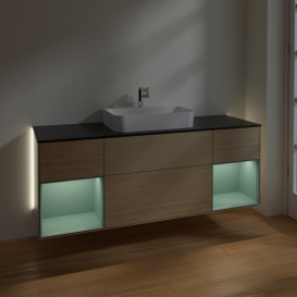 Тумба под раковину Villeroy & Boch Finion 160х50,1 см с подсветкой МДФ шпон дуба/стекло черное матовое G452GMPC