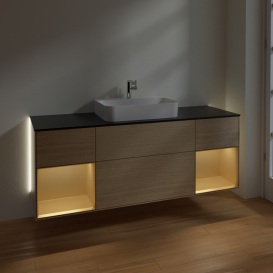 Тумба под раковину Villeroy & Boch Finion 160х50,1 см с подсветкой МДФ шпон дуба/стекло черное матовое G452HFPC