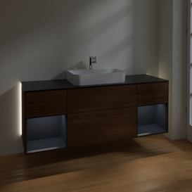 Тумба под раковину Villeroy & Boch Finion 160х50,1 см с подсветкой МДФ шпон грецкого ореха/стекло черное матовое G452HGGN