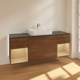 Тумба под раковину Villeroy & Boch Finion 160х50,1 см с подсветкой МДФ шпон грецкого ореха/стекло черное матовое G452PCGN