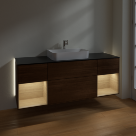 Тумба под раковину Villeroy & Boch Finion 160х50,1 см с подсветкой МДФ шпон грецкого ореха/стекло черное матовое G452PCGN