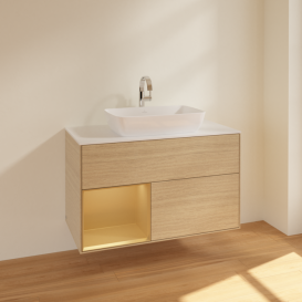 Тумба под раковину Villeroy & Boch Finion 100х50,1 см с подсветкой МДФ шпон дуба/стекло белое матовое F771HFPC