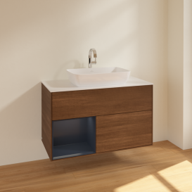 Тумба под раковину Villeroy & Boch Finion 100х50,1 см с подсветкой МДФ шпон грецкого ореха/стекло белое матовое F771HGGN