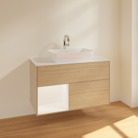 Тумба под раковину Villeroy & Boch Finion 100х50,1 см с подсветкой МДФ шпон дуба/стекло белое матовое F771MTPC