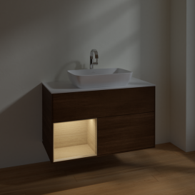 Тумба під раковину Villeroy & Boch Finion 100х50,1 см із підсвічуванням МДФ шпон волоського горіха/скло біле матове F771PCGN