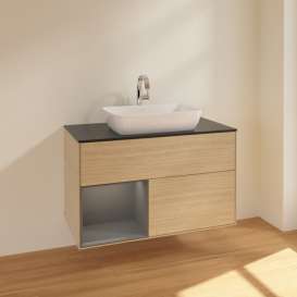 Тумба под раковину Villeroy & Boch Finion 100х50,1 см с подсветкой МДФ шпон дуба/стекло черное матовое F772GKPC