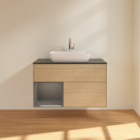 Тумба под раковину Villeroy & Boch Finion 100х50,1 см с подсветкой МДФ шпон дуба/стекло черное матовое F772GKPC